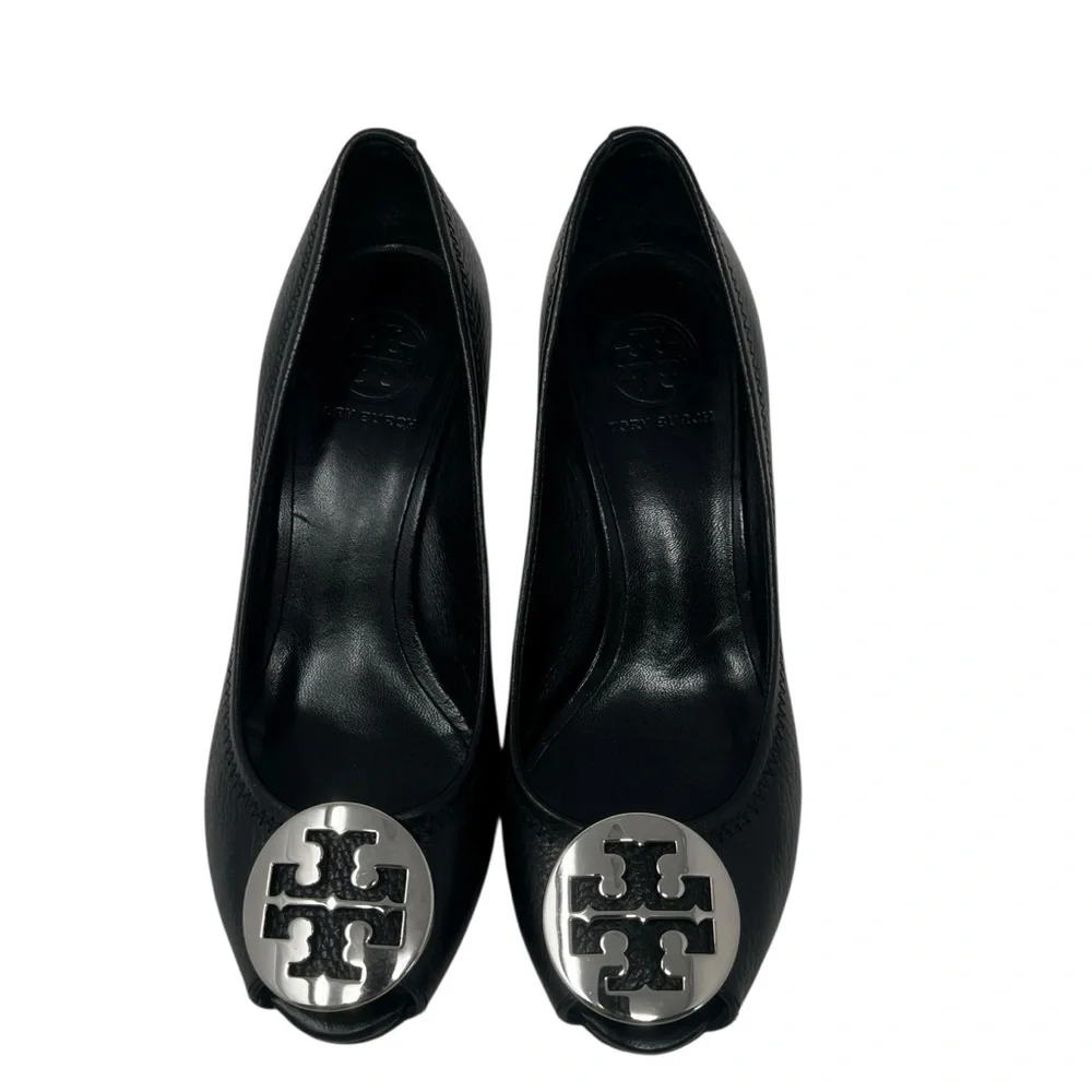 Tory Burch Black Leather Peep-Toe Wedge with Silver Logo